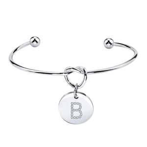 Bracelet jonc à nœud argenté avec pendentif rond orné de la lettre B en oxyde de zirconium