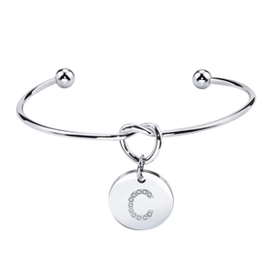 Bracelet jonc à nœud argenté avec breloque lettre C et oxydes de zirconium étincelants