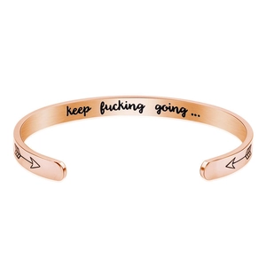 Brushed rose gold C-shaped arrow cuff bracelet with inspirational engraved inner band