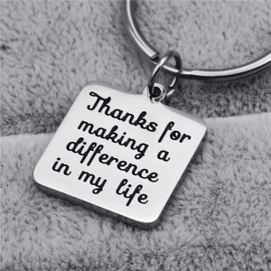 Polished steel ruler keychain engraved with Thanks for making a difference in my life message