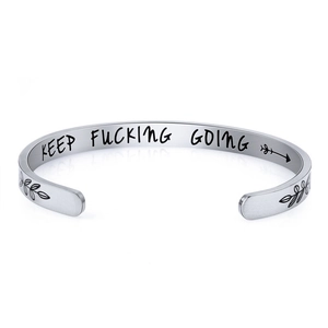 Silver stainless steel C-shaped cuff bracelet with motivational interior engraving