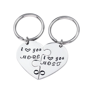 Couples heart puzzle keychain with I Love You engraving in polished stainless steel