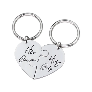 Polished heart puzzle keychains with His Only and Her One engraving for couples