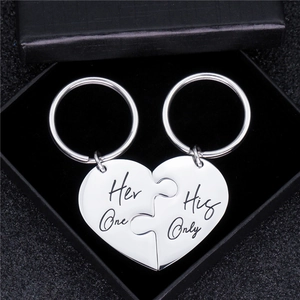 Polished heart puzzle keychain set for couples with His Only Her One engraving