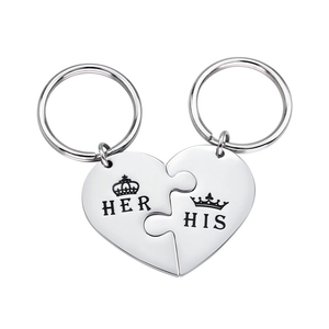 Polished stainless steel HIS HER heart puzzle keychains with crown engraving for couples