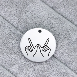 Minimalist Stainless Steel Round Pendant Laser Engraved Hand Sign Gesture Circle Charm DIY Jewelry Necklace Accessory Silver