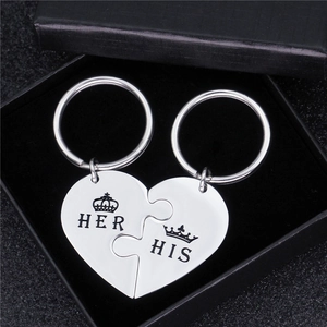 Couples heart puzzle keychain in polished stainless steel with His and Her crown engraving