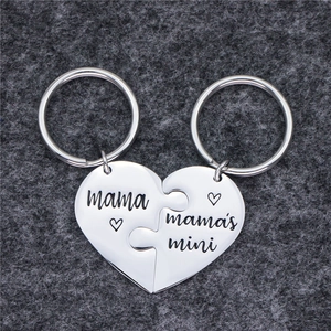 Gepolijste hart puzzel sleutelhanger set van roestvrij staal met Mama gravure