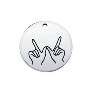 Polished stainless steel round pendant with engraved hand gesture symbol on white background