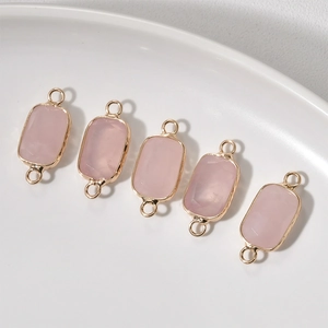 Set of five faceted pink crystal rectangular pendants with gold double rings for DIY jewelry