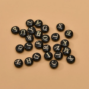 8mm black natural shell round beads with golden letters for DIY jewelry making