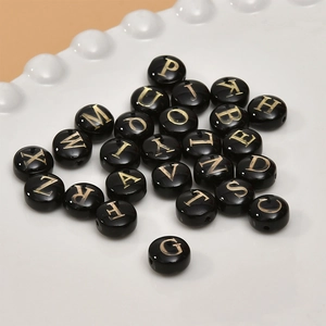 8mm black shell beads with gold letters for DIY necklaces and handmade jewelry