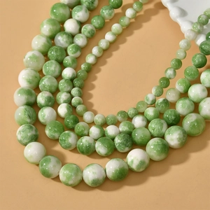 Perles rondes en jade persan marbré vert et blanc pour bracelets et colliers DIY