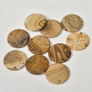 Flat round natural picture jasper stone pendants with pre-drilled holes for jewelry making