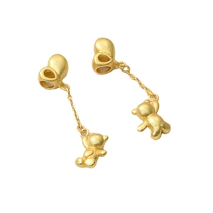 Matte gold drop earrings with heart base and 3D teddy bear pendant charms