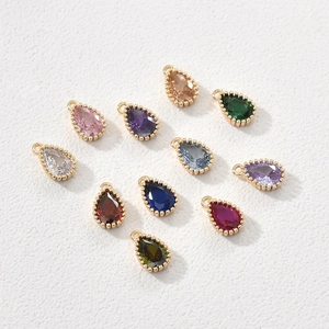 11-piece teardrop colorful zircon pendants with 14k gold plated beaded edge for DIY jewelry