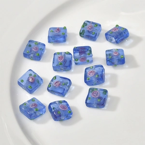 Handmade blue square lampwork glass beads with pink flower patterns for jewelry making