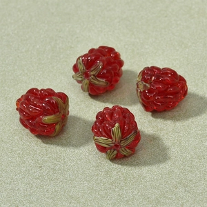 Handmade red raspberry glass beads with green leaves for DIY jewelry making
