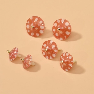 Cute pink mushroom acrylic charms with white dots and gold rings for DIY jewelry