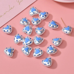 Pearlescent white heart beads with blue dots for DIY handmade jewelry and bracelets