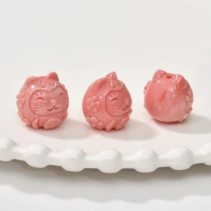 Pink sea bamboo carved lucky cat beads with vertical holes for DIY jewelry making