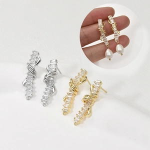 Exquisite Copper 14K Gold Plated Zirconia Ribbon Knot Long Strip Earring Posts With Silver Earring Post For DIY Jewelry Making Accessories