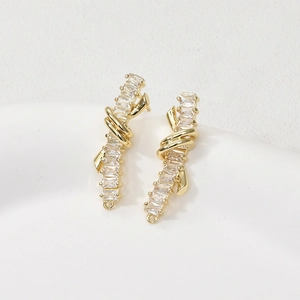 14k gold plated ribbon dangle earrings with rectangular cubic zirconia for DIY jewelry