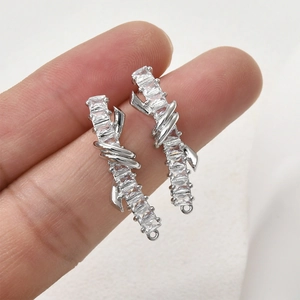 Vertical silver 14k gold plated ribbon earrings with rectangular zircon stones for DIY