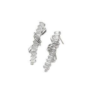 Elegant silver 14k gold-plated long ribbon earrings with zircon stones on white background