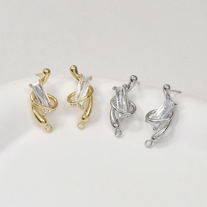 14K Gold Plated Copper Rectangular Zirconia Twist Line Earring Post With Loop Silver Pin For DIY Jewelry Making Findings