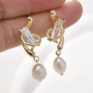 14k gold plated rectangular zircon earrings with elegant teardrop pearl pendants