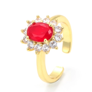 Eleganter goldener offener Ring mit großem ovalem rotem Zirkon und weißem Diamant-Halo