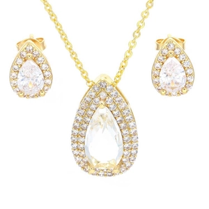Conjunto Joyería Cobre Chapado Oro Lujo Mujer Circonia Pera Brillante Collar Colgante Gota Agua Pendientes Botón