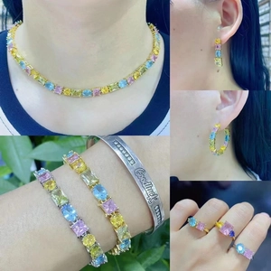 Koreanisch Minimalistisch Kupfer Bunter Zirkonia Ohrringe Halskette Armband Ring Schmuckset Galvanisiert Mehrfarbig Damen Zubehör