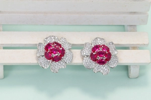 Classic floral stud earrings with red synthetic corundum stones and white cubic zirconia