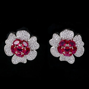 Vintage five-petal floral stud earrings with red synthetic corundum and white zircons