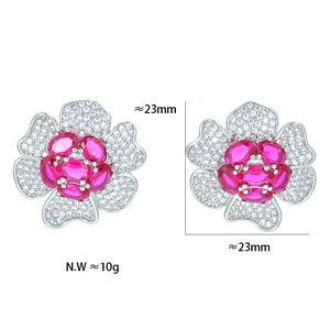 Classic flower earrings with ruby red stone and white crystals, 23mm size, 10g weight