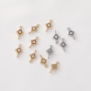 Detail of 14K gold plated rhombus connector with sparkling zircon for DIY jewelry making