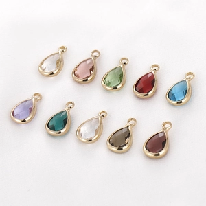 Set of 10 teardrop faceted crystal glass pendants with gold plated frames and rings