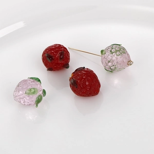 Handmade strawberry and berry glass beads with green leaves for DIY jewelry making