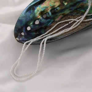 Dettaglio di minuscole perle di conchiglia bianca su un guscio di abalone iridescente