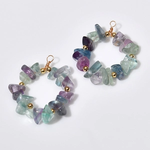 Handmade hoop pendant featuring colorful raw gemstone chips and gold accent beads