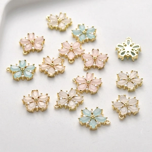 14k gold plated cherry blossom pendant with pink and blue stones for DIY jewelry making
