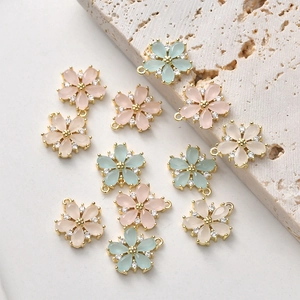 Copper-plated 14k gold flower charms with colorful stones for DIY jewelry making