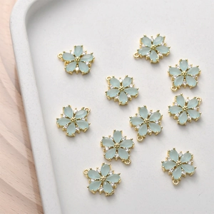 14k gold plated 5-petal flower charms with light blue stones and zircon for DIY jewelry