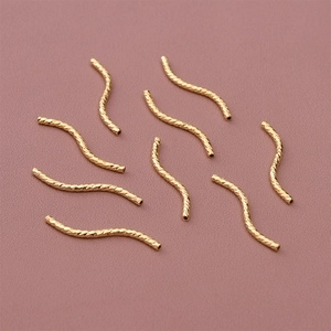 Gold 18K plated brass S-shaped curved tube beads with spiral wave texture for DIY jewelry
