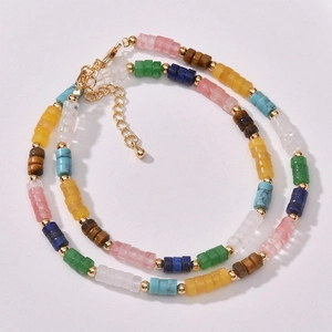 Bohemian colorful cylinder stone bead necklace with golden spacers and adjustable clasp