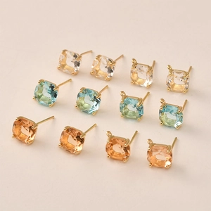 Gold Plated Copper Square Zirconia Earring Posts With Silver Earring Post Loop For DIY Jewelry Making Findings Accessory