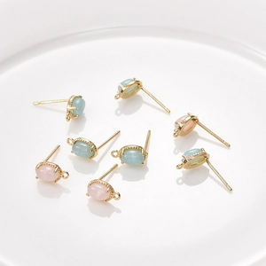 18K gold-plated oval earring studs with pink and light cyan semi-precious stones