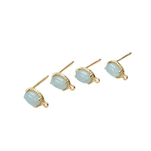 Set of four 18K gold plated oval stud earrings with light blue stone for DIY jewelry making